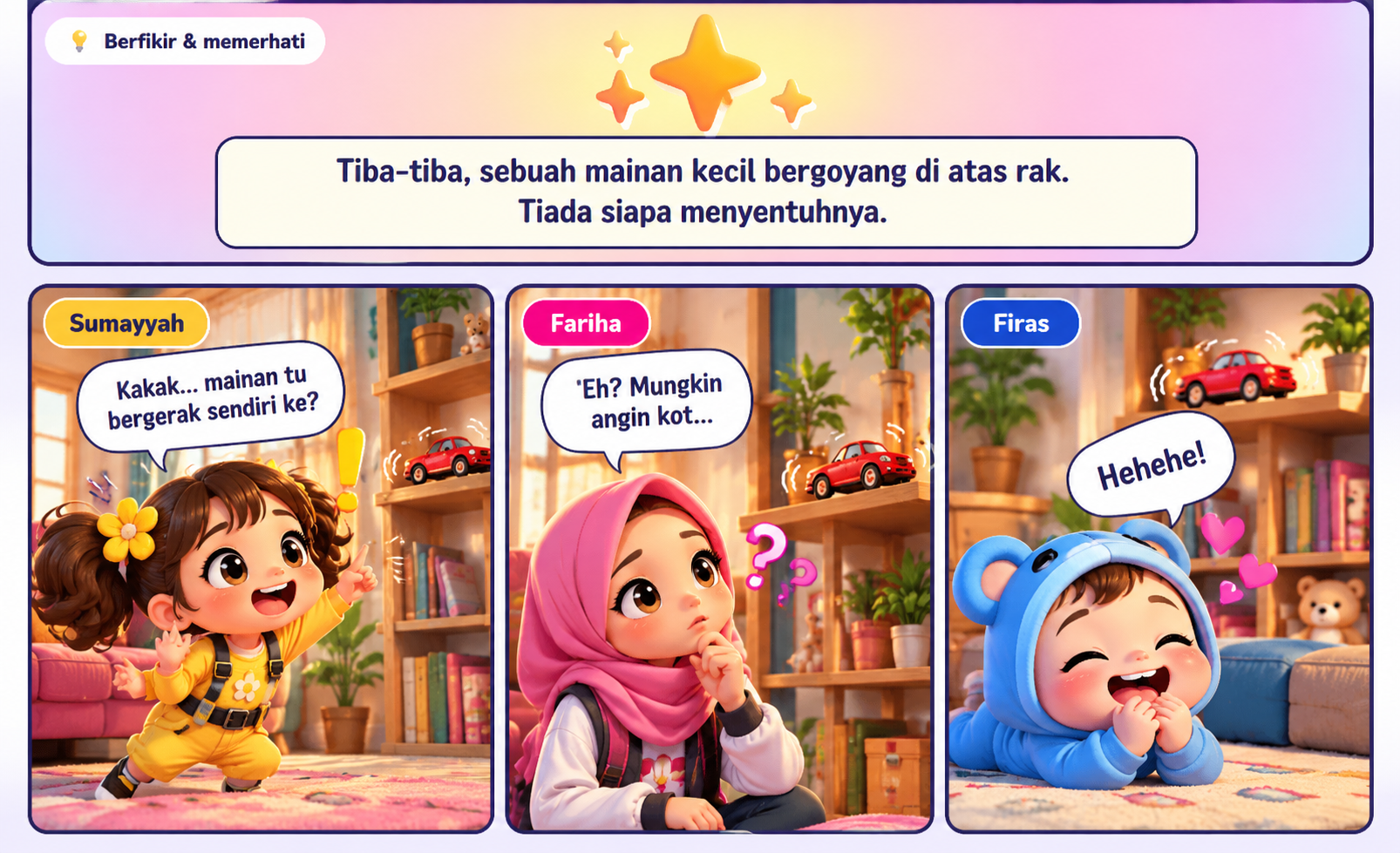 Komik tiga panel: Sumayyah melihat kereta mainan bergoyang di atas rak, Fariha tertanya-tanya sama ada angin penyebabnya, dan bayi Firas ketawa.